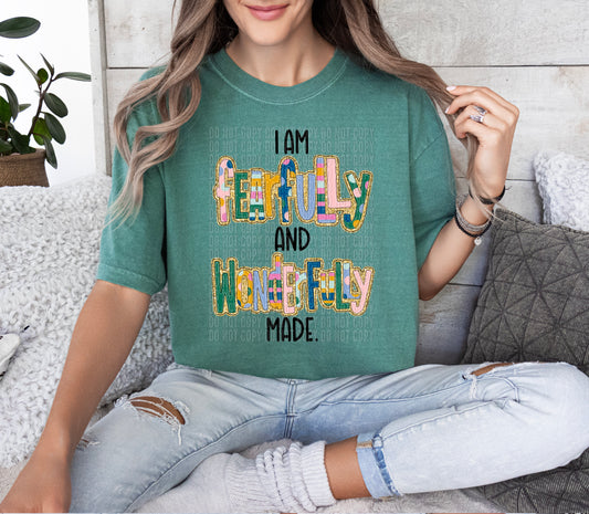 I Am Fearfully & Wonderfully Made Gold Glitter Outlined DTF Transfer