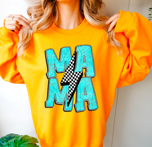 Turquoise Mama With Checkered Bolt DTF Transfer