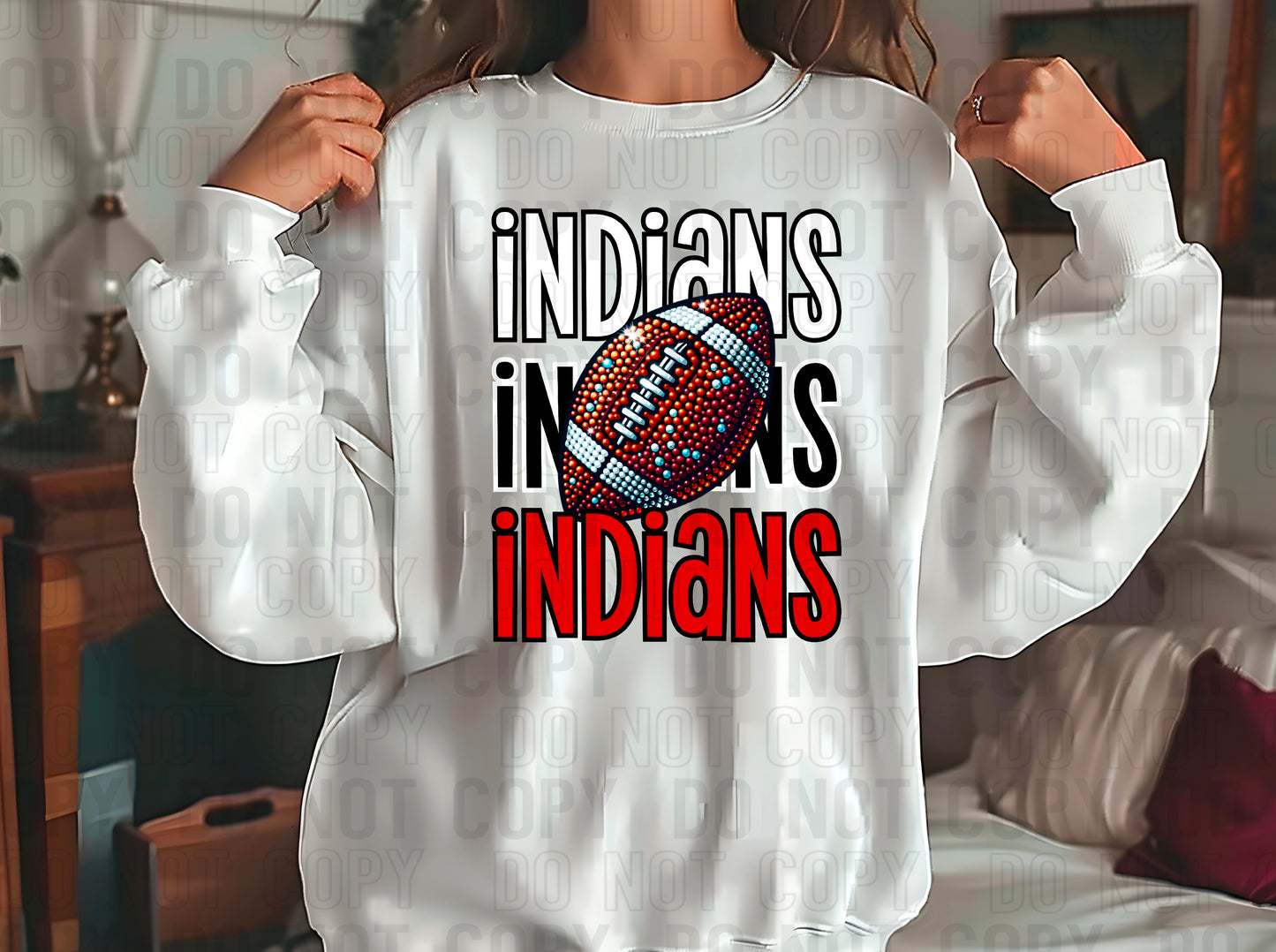 Indians Rhinestone Football White Black Red DTF Transfer