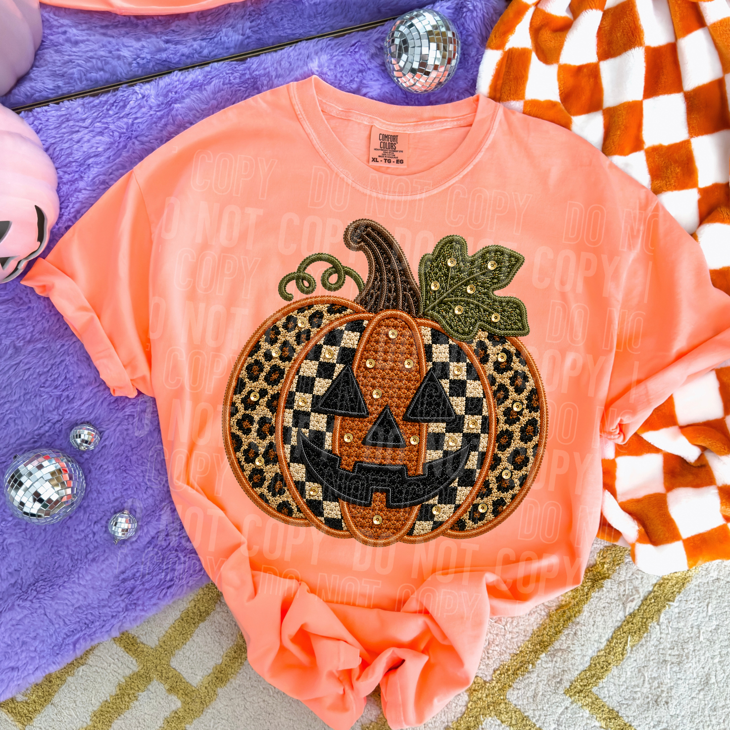 Checkered & Leopard Jack O Lantern Faux Embroidery DTF Transfer
