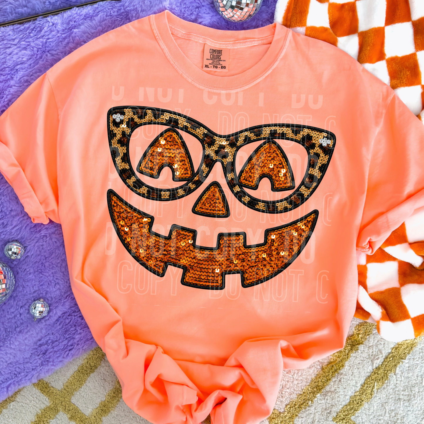 Jack O Lantern Face Leopard Glasses Sequin Faux DTF Transfer