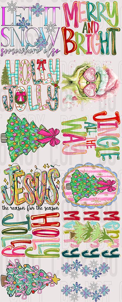 Christmas Themed 11 Adult Transfers 2 Matching Sleeves Pre-Made Gang Sheet