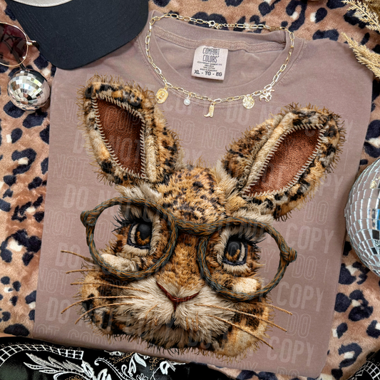 Leopard Bunny With Glasses Yarn Faux DTF Transfer