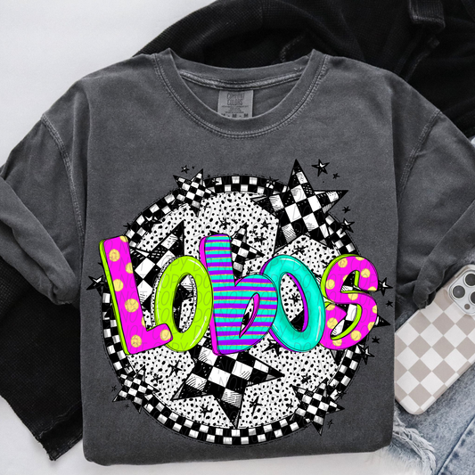 Lobos Mascot Neon Checker DTF Transfer