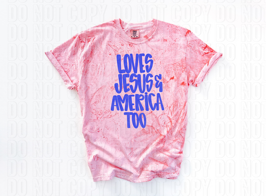 Loves Jesus & America Too Blue Words DTF Transfer
