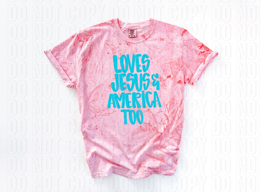 Loves Jesus & America Too Light Blue Words DTF Transfer