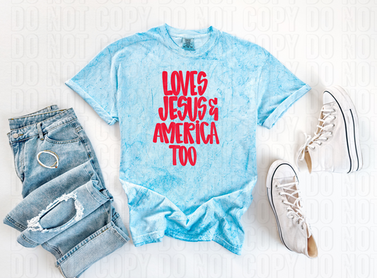 Loves Jesus & America Too Red Words DTF Transfer