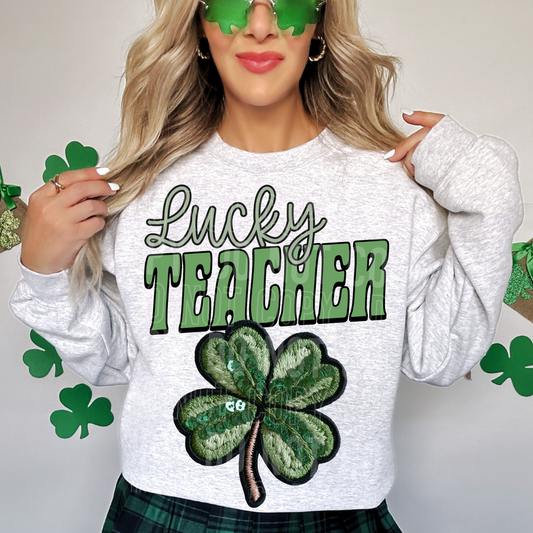 Lucky Teacher Clover Embroidery Faux DTF Transfer