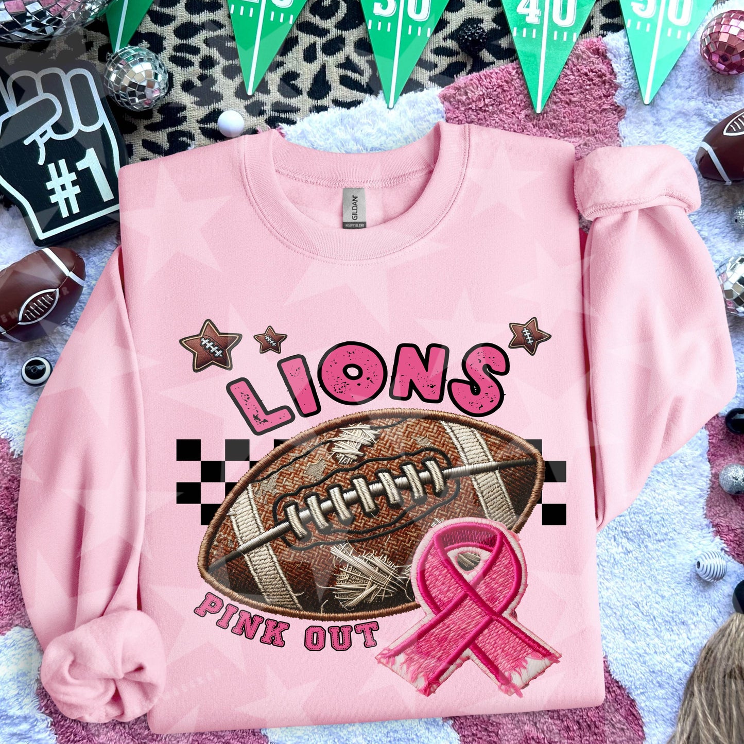 Lions Football Embroidery Faux Pink Out Mascot DTF Transfer