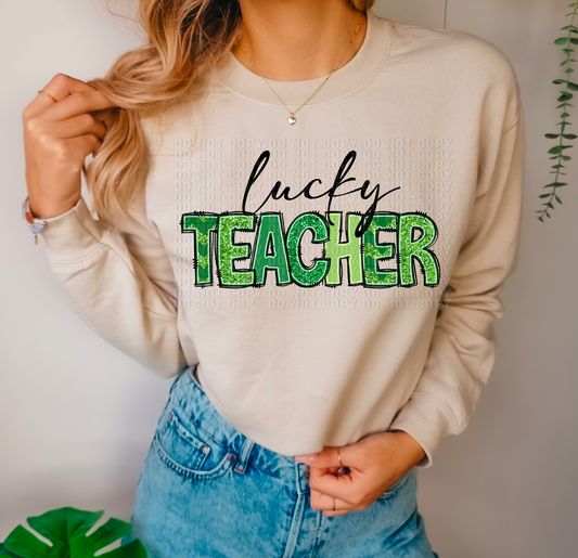 Lucky Teacher Green Glittery DTF Transfer