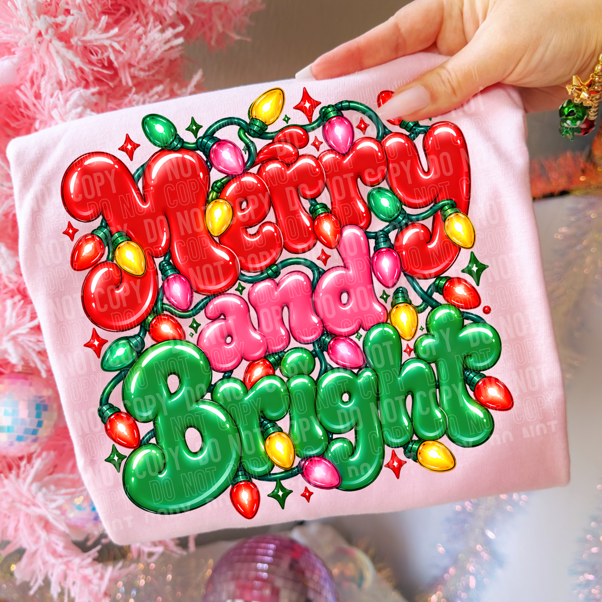 Merry & Bright Christmas Lights DTF Transfer