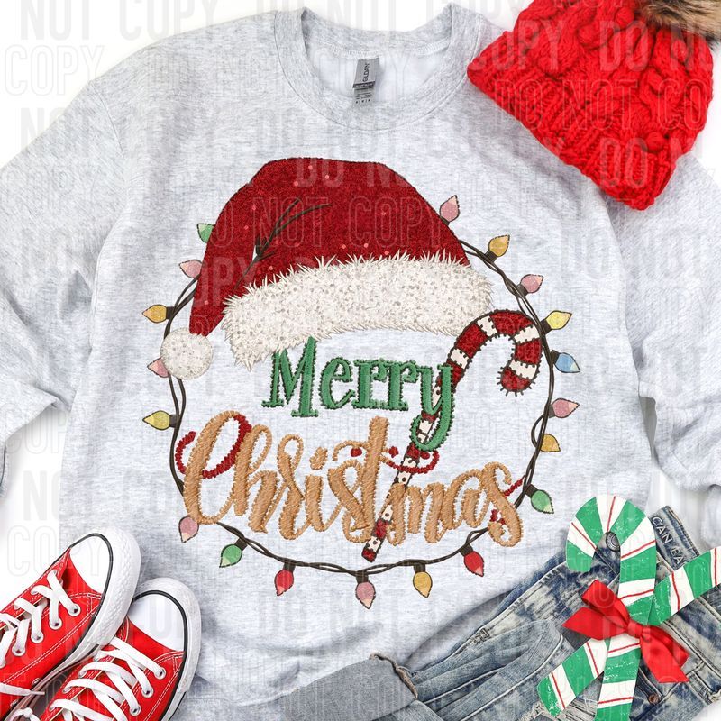 Merry Christmas Faux Embroidery Hat & Lights DTF Transfer