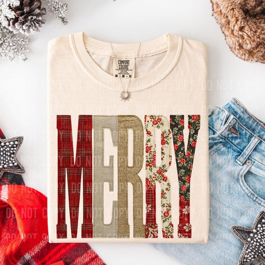 Merry Oversized Christmas Patchwork DTF Transfer