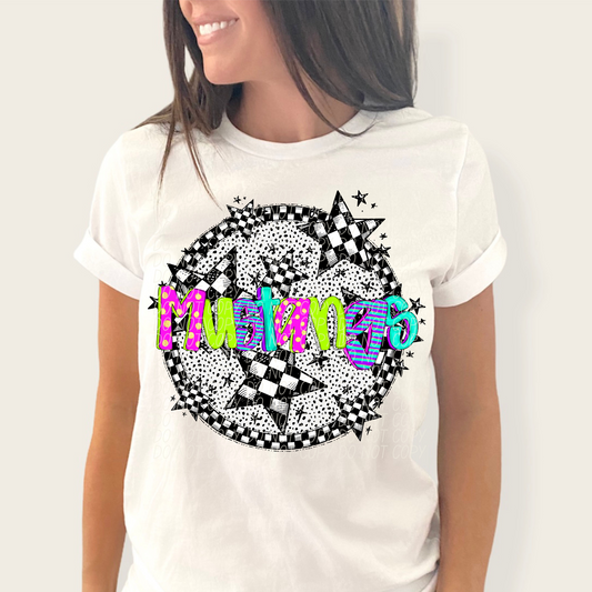 Mustangs Mascot Neon Checker DTF Transfer