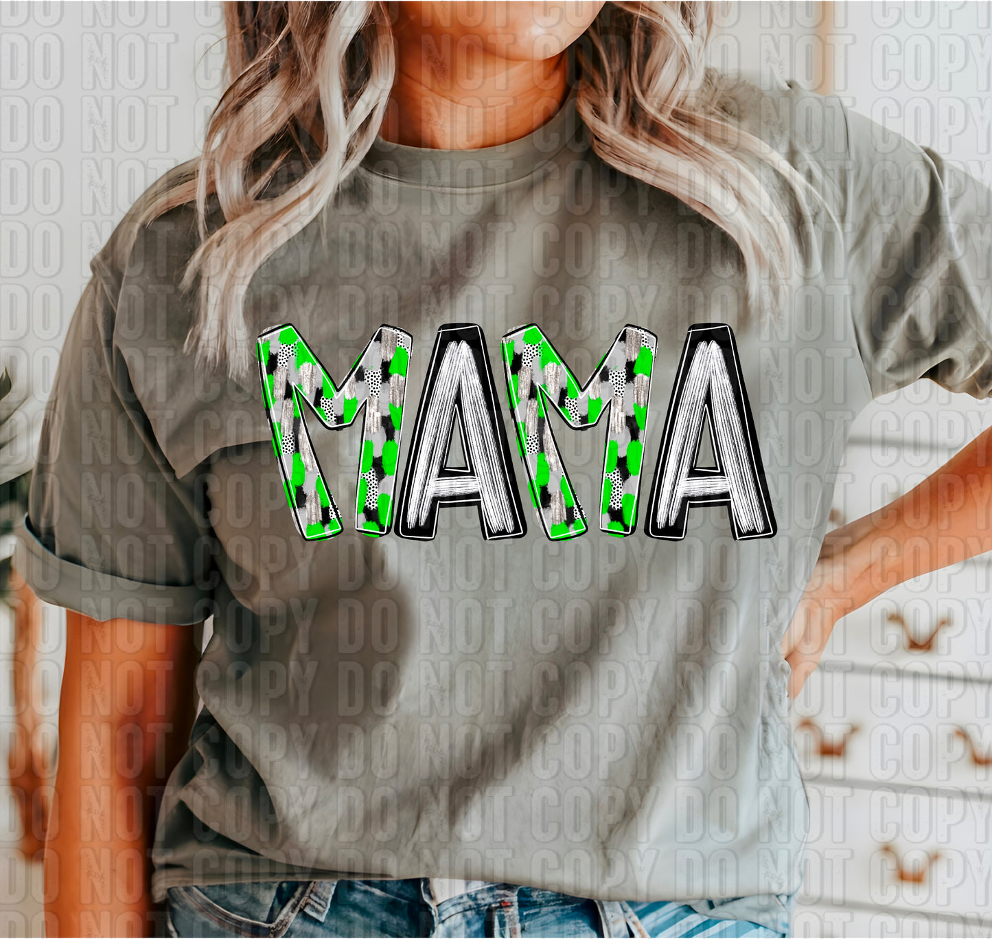 Mama Lime Green & Black Poppy Doodle DTF Transfer