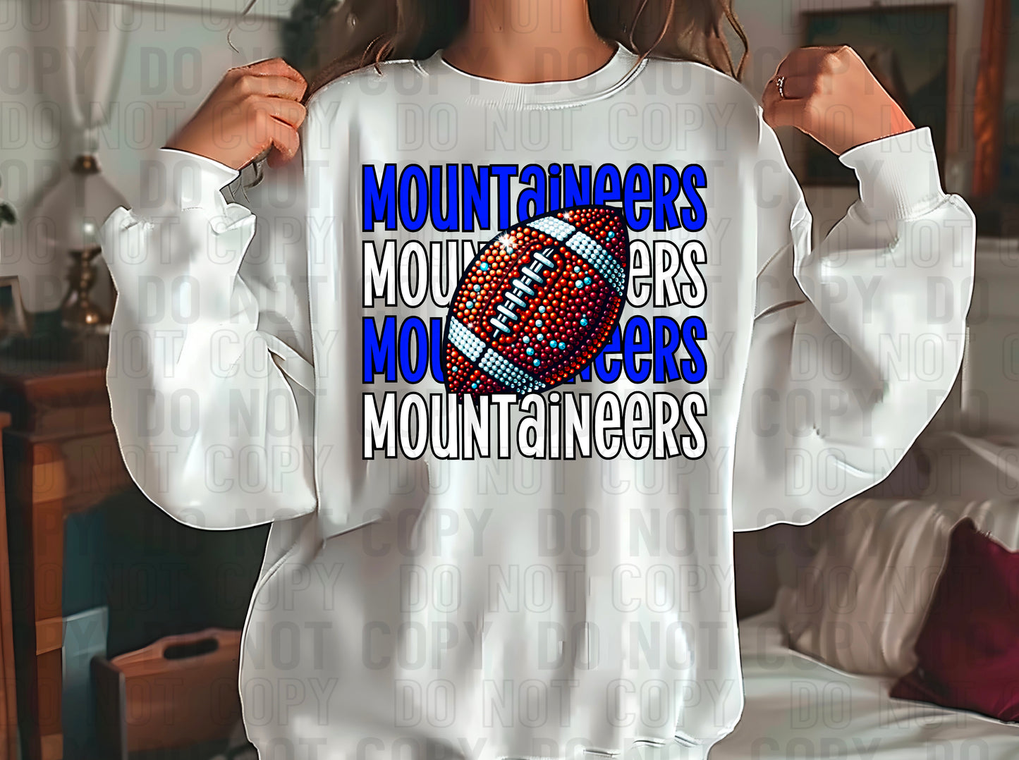 Mountaineers Rhinestone Football Royal Blue White DTF Transfer