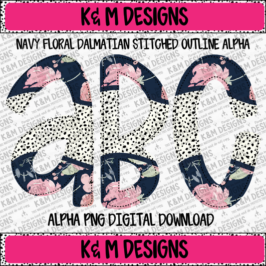 Navy Floral Dalmatian Stitched Outline Alpha PNG Set Digital Download