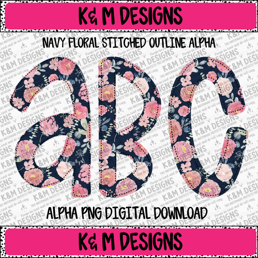 Navy Floral Stitched Outline Alpha PNG Set Digital Download