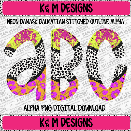 Neon Damask Dalmatian Stitched Outline Alpha PNG Set Digital Download