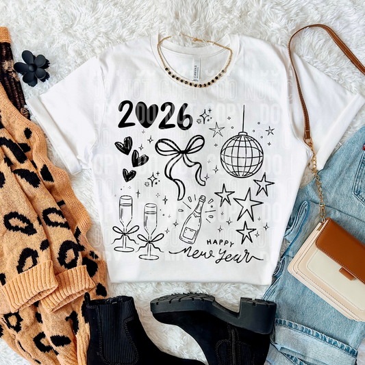 2026 New Year Doodle Black DTF Transfer