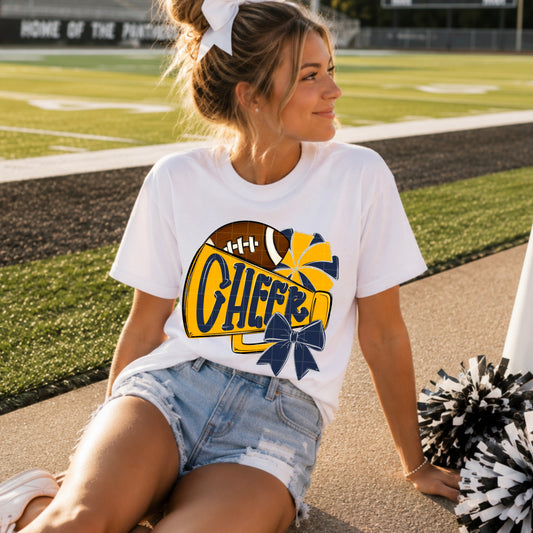 Navy Gold Cheer Megaphone Football DTF Transfer