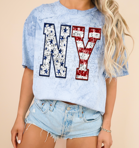 NY Patriotic Sequined Faux State DTF Transfer