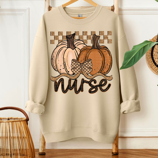 Nurse Fall Checkered Glitter Pumpkin DTF Transfer