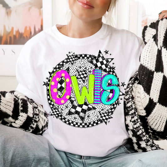Owls Mascot Neon Checker DTF Transfer