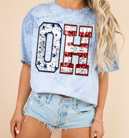 OH Patriotic Sequined Faux State DTF Transfer