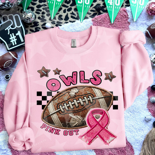 Owls Football Embroidery Faux Pink Out Mascot DTF Transfer