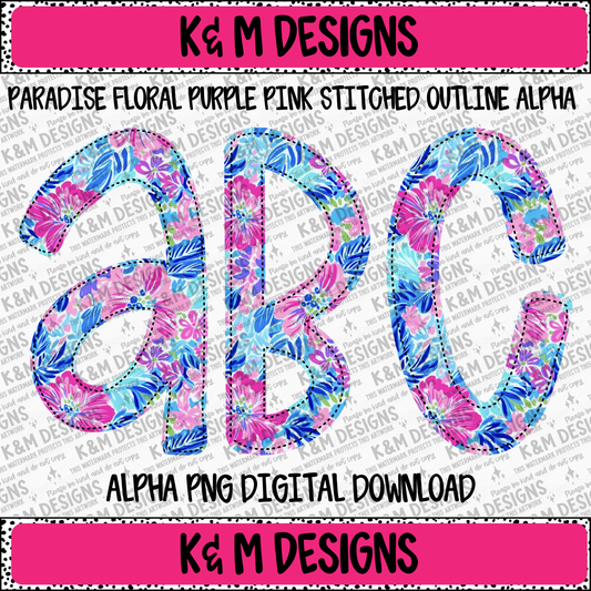 Paradise Floral Purple Stitched Outline Alpha PNG Set Digital Download