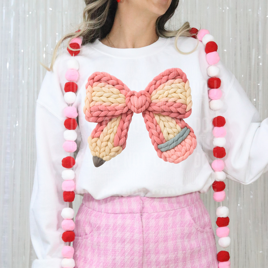 Valentine Pencil Bow Yarn Faux DTF Transfer