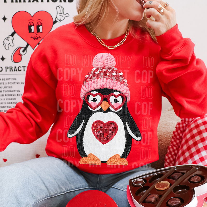 Valentine's Day Penguin Embroidery Sequin Faux DTF Transfer