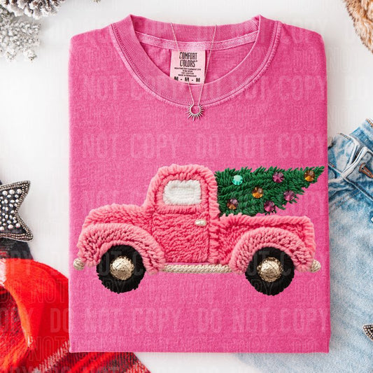 Christmas Pink Truck Yarn Faux DTF Transfer