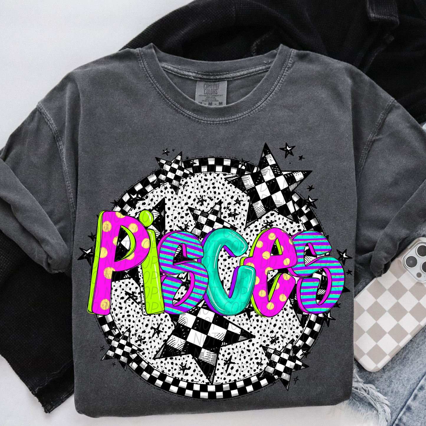 Pisces Neon Checker DTF Transfer