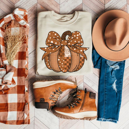 Patchwork Pumpkin Bow DTF Transfer