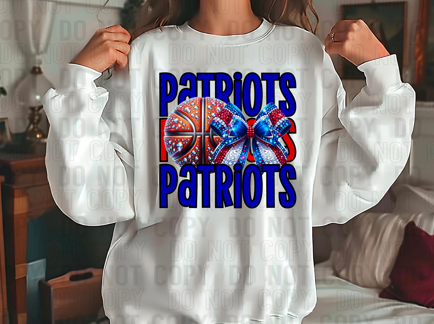 Patriots Rhinestone Basketball Bow Royal Blue Red DTF Transfer