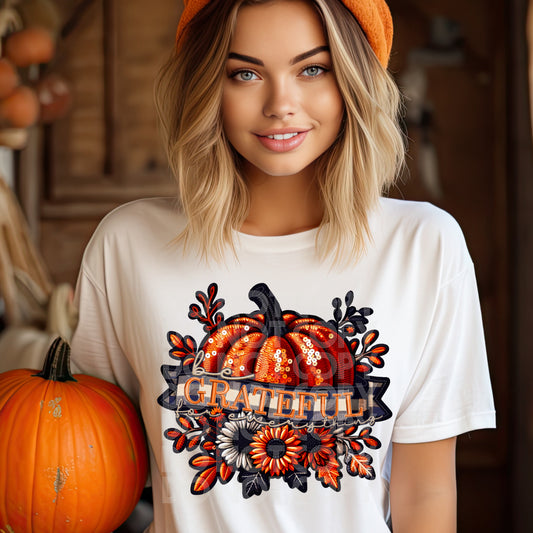 Grateful Sequined Pumpkin DTF Transfer