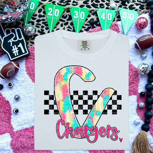 Chargers Pink/Teal Brushstroke Initial Mascot DTF Transfer