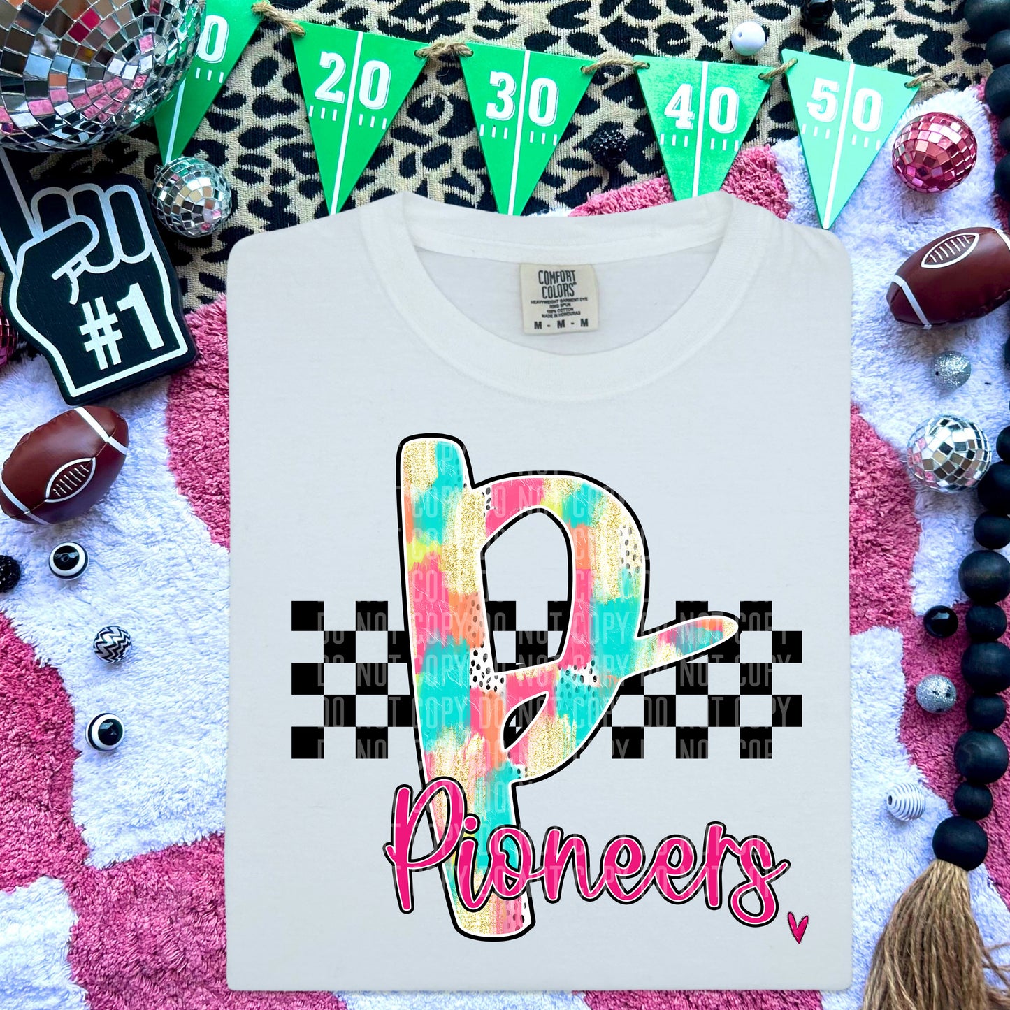 Pioneers Pink/Teal Brushstroke Initial Mascot DTF Transfer