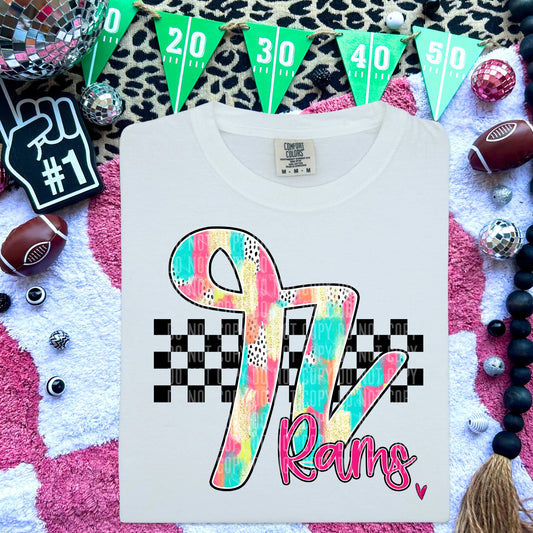 Rams Pink/Teal Brushstroke Initial Mascot DTF Transfer