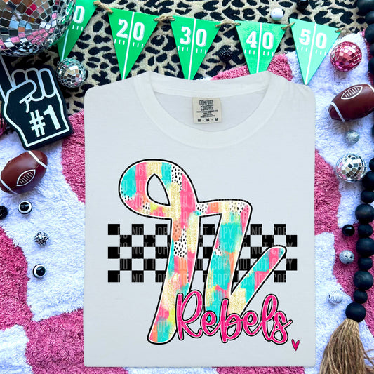 Rebels Pink/Teal Brushstroke Initial Mascot DTF Transfer