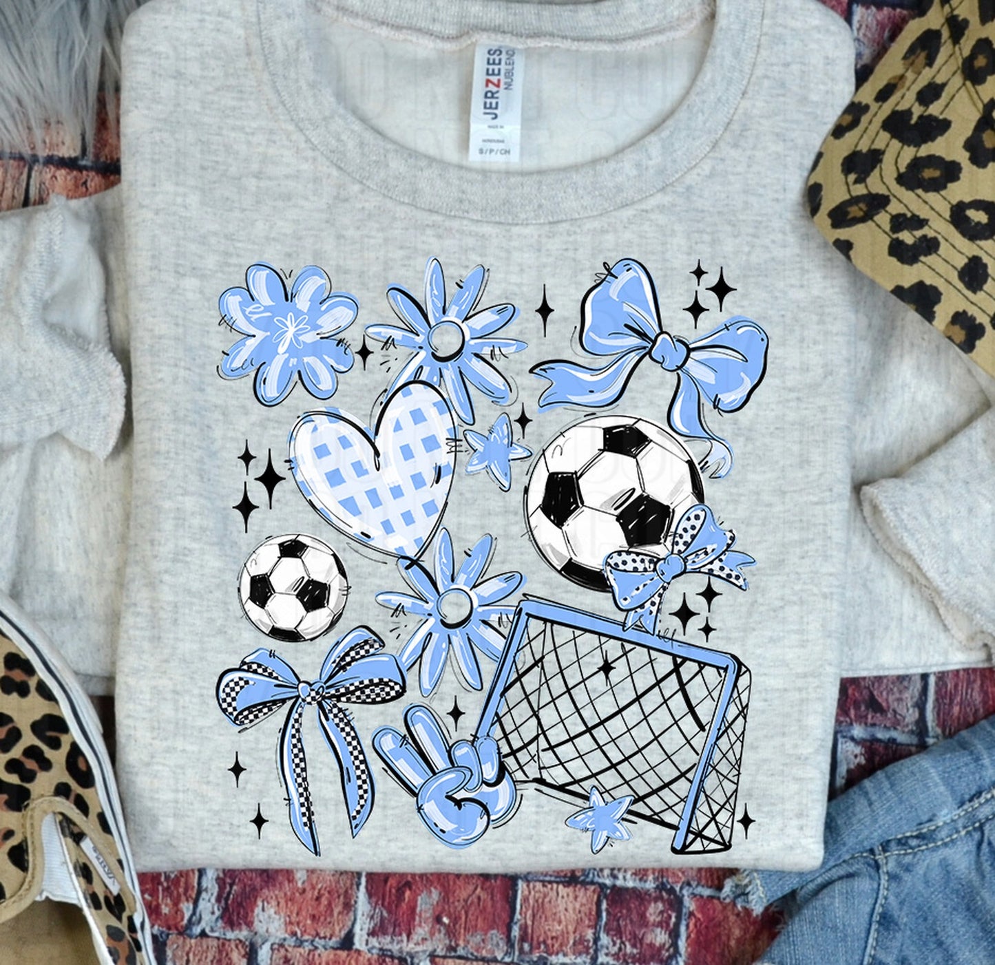 Play Ball Soccer Collage Columbia Blue DTF Transfer