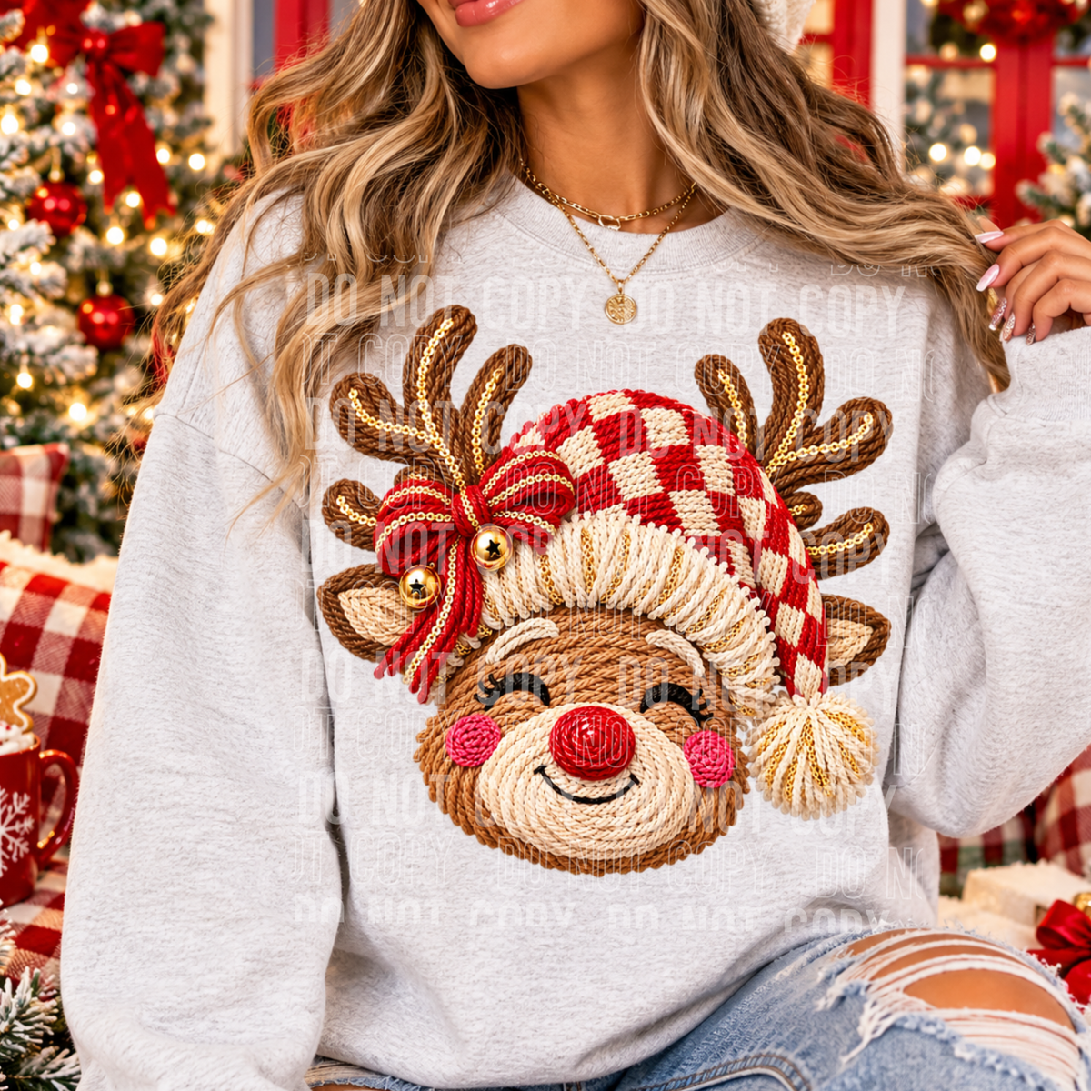 Reindeer Faux Yarn Embroidery DTF Transfer