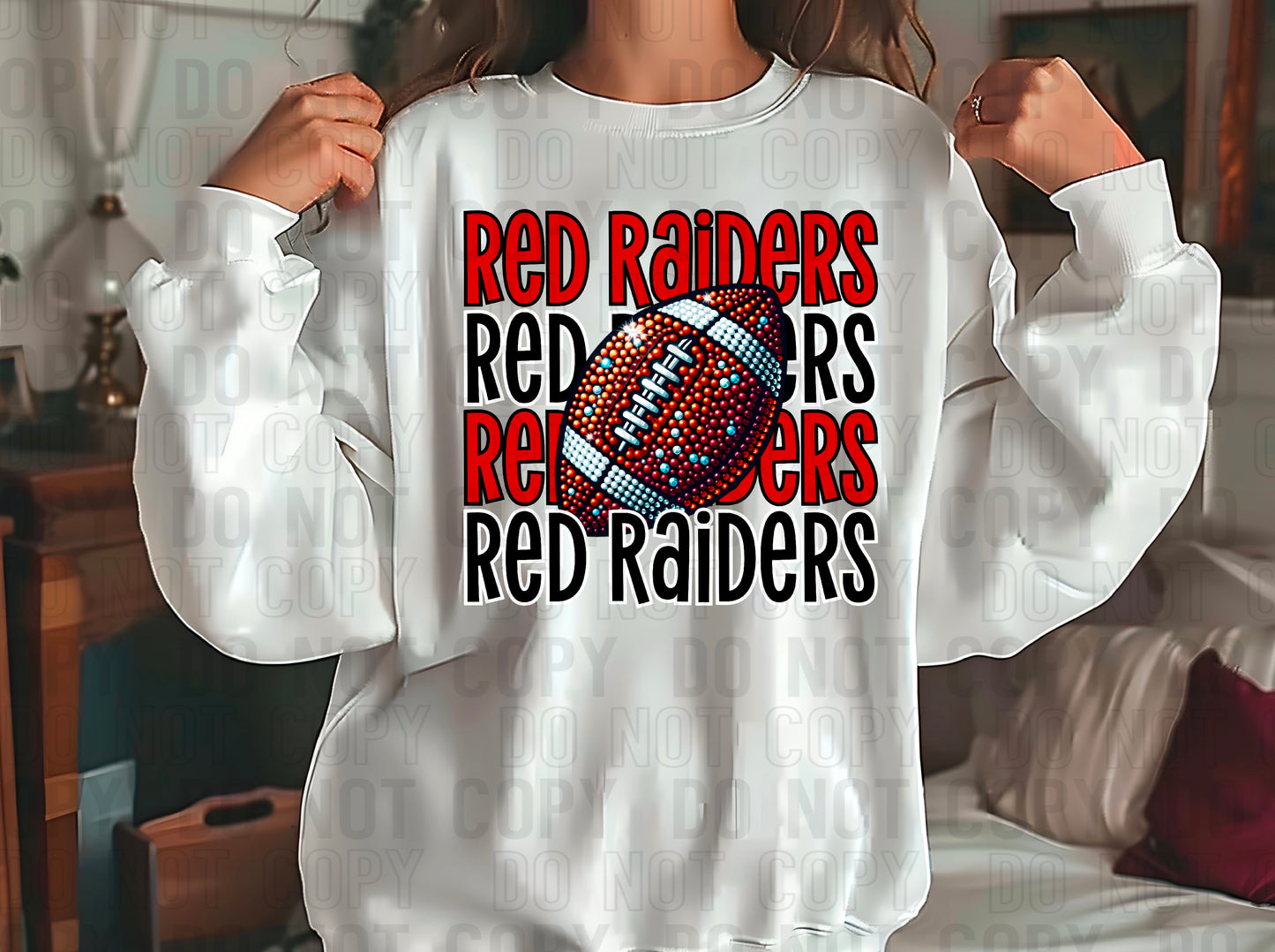 Red Raiders Rhinestone Football Red Black DTF Transfer