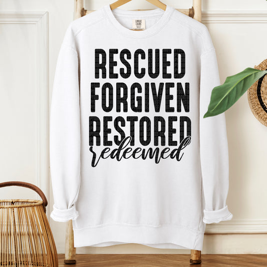 Rescued Forgiven Restored Redeemed Black DTF Transfer
