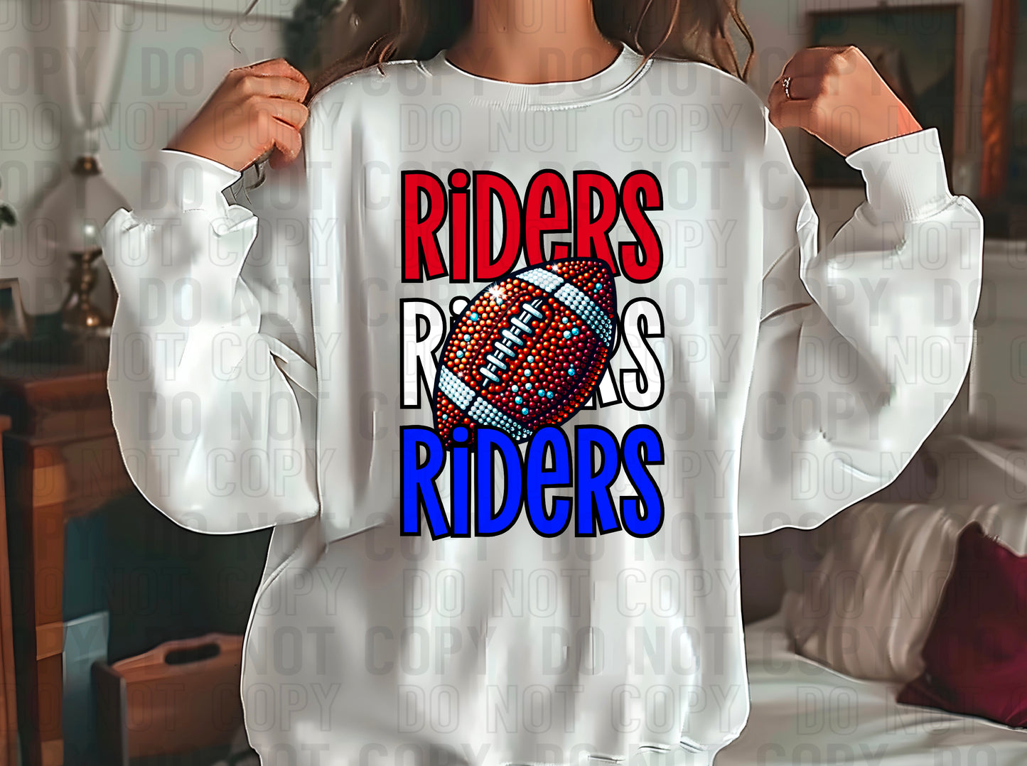 Riders Rhinestone Football Red White Blue DTF Transfer