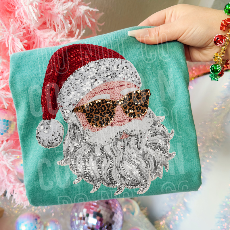 Santa W/ Leopard Glasses Sequin Yarn Faux DTF Transfer