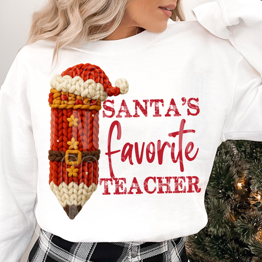 Santa's Favorite Teacher Pencil Yarn Faux DTF Transfer