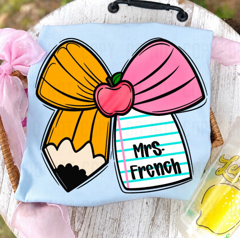 School Pencil Pink Bow Custom Name DTF Transfer